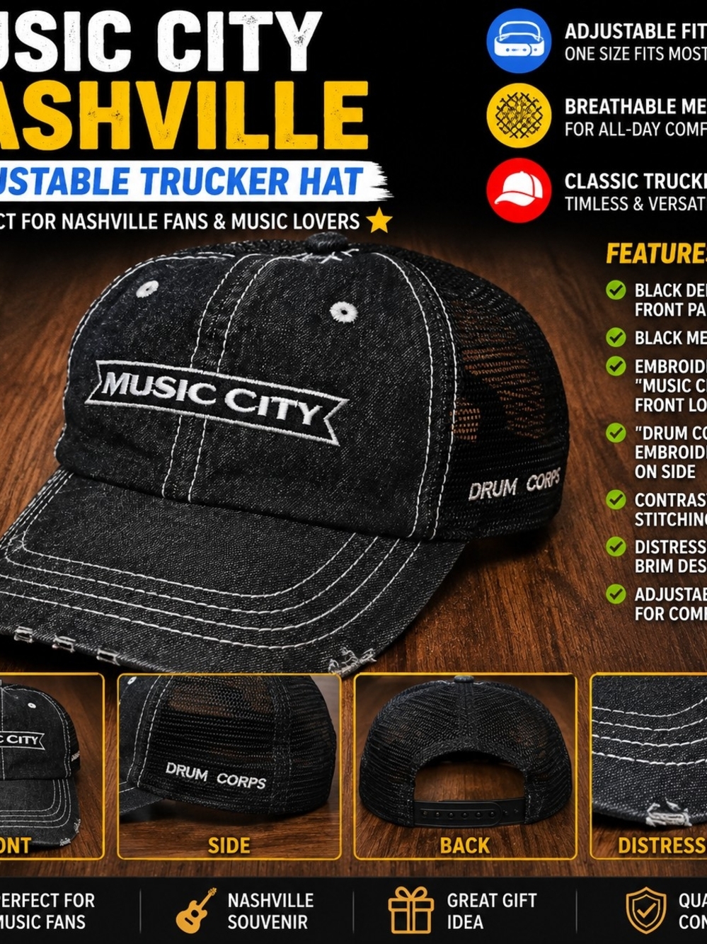 Music City Nashville Drum Corps Distressed Trucker Hat Cap Black Adjustable Mesh